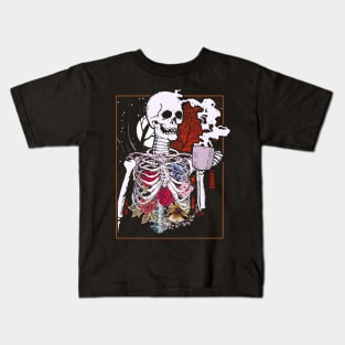 Halloween Coffee Drinking Skeleton Skull Kids T-Shirt